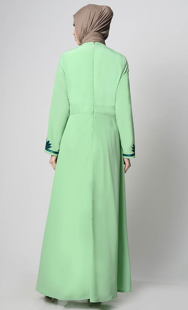 Contrast Embroidered Grace Abaya - Mint Green - Final Sale - EastEssence.com