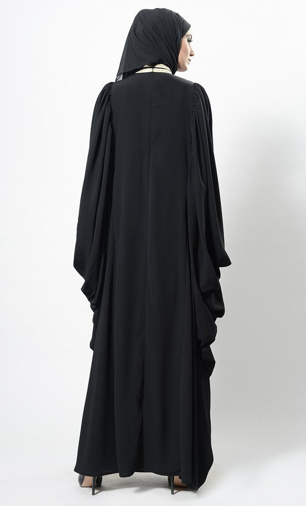 Contrast Lace Work Cowl Sleeves Abaya Dress And Hijab Set - Final sale - EastEssence.com