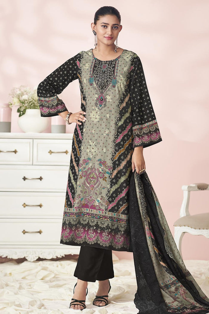 Contrast Printed Cotton Kameez Set with Pants & Dupatta - EastEssence.com