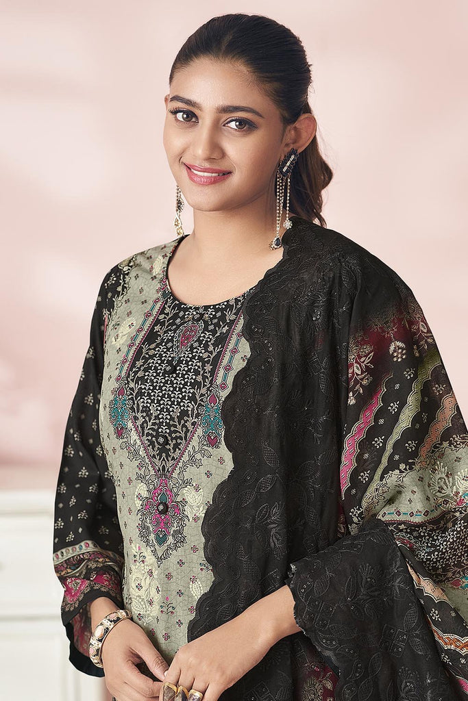 Contrast Printed Cotton Kameez Set with Pants & Dupatta - EastEssence.com
