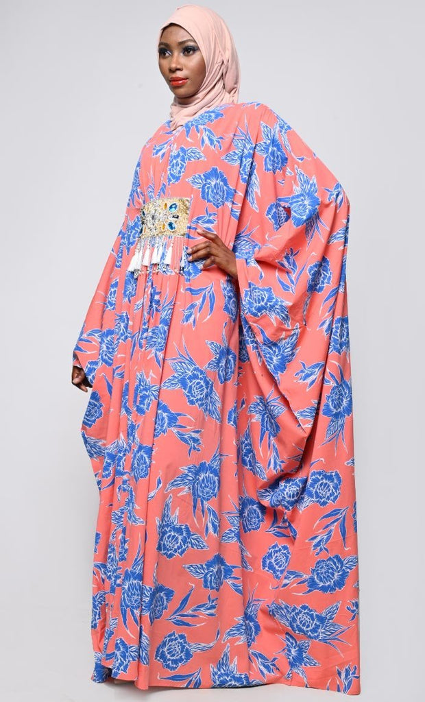 Contrasted Floral Printed Applique Work Detailing Full Flairy Kaftan - Final Sale - EastEssence.com