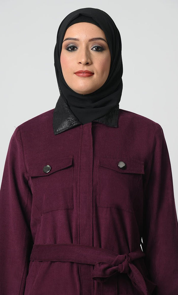 Corduroy Fabric Jacket ??Adjustable Belt, Chest & Waist Pockets, Full Sleeves - EastEssence.com