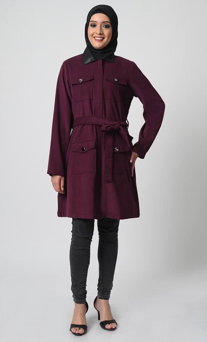 Corduroy Fabric Jacket ??Adjustable Belt, Chest & Waist Pockets, Full Sleeves - EastEssence.com