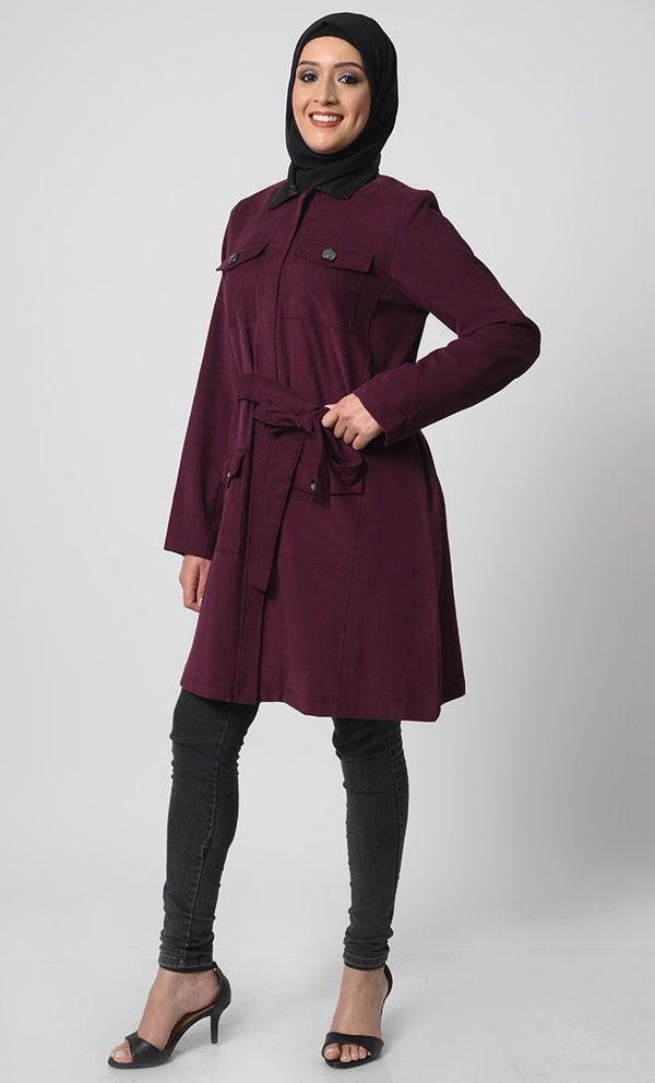 Corduroy Fabric Jacket ??Adjustable Belt, Chest & Waist Pockets, Full Sleeves - EastEssence.com