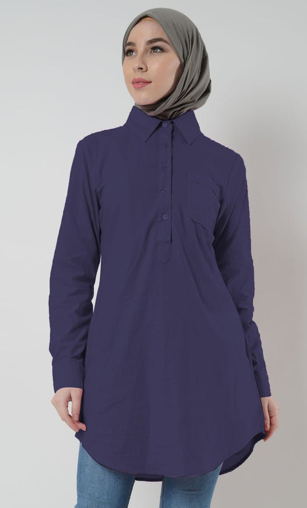 Cotton Button School Uniform Tunic for Women - Navy - EastEssence.com