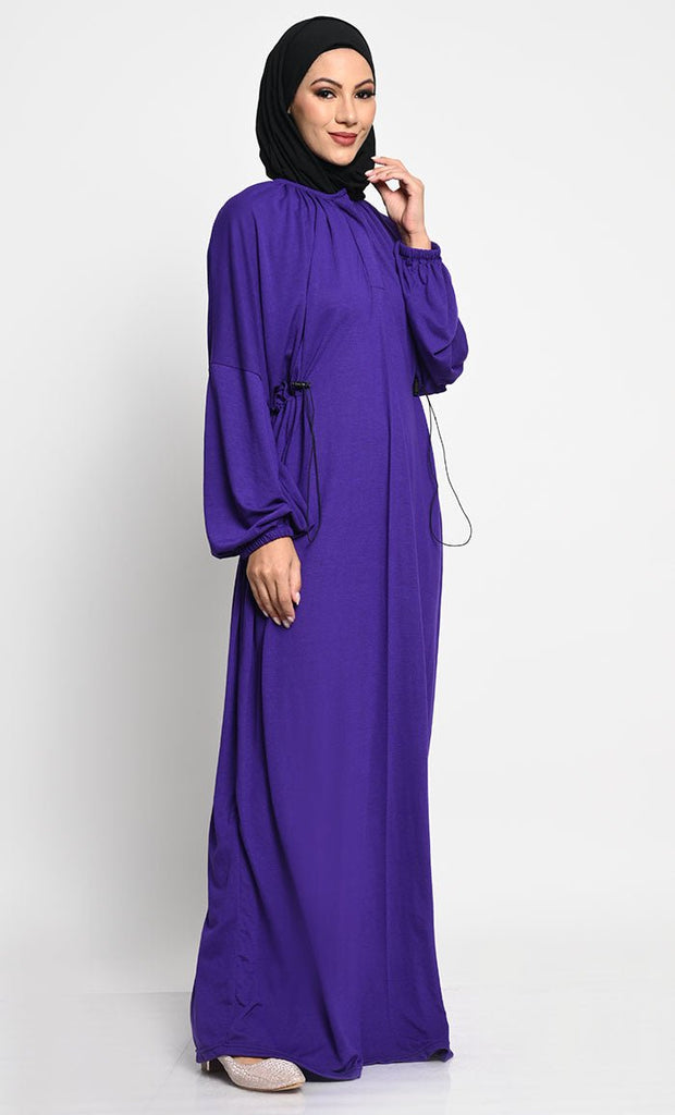 Cotton Jersey A - Line Abaya with Bishop Sleeves and Adjustable Waist - EastEssence.com