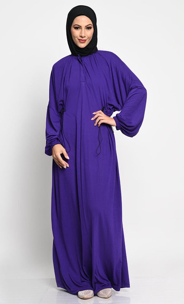 Cotton Jersey A - Line Abaya with Bishop Sleeves and Adjustable Waist - EastEssence.com