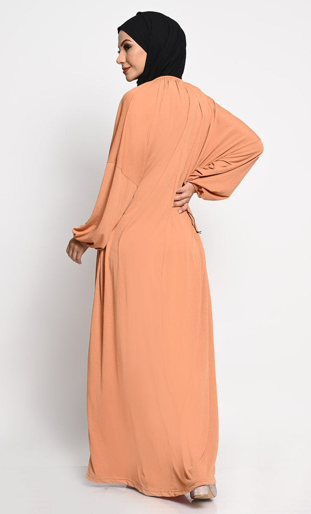 Cotton Jersey A - Line Abaya with Bishop Sleeves and Adjustable Waist - EastEssence.com