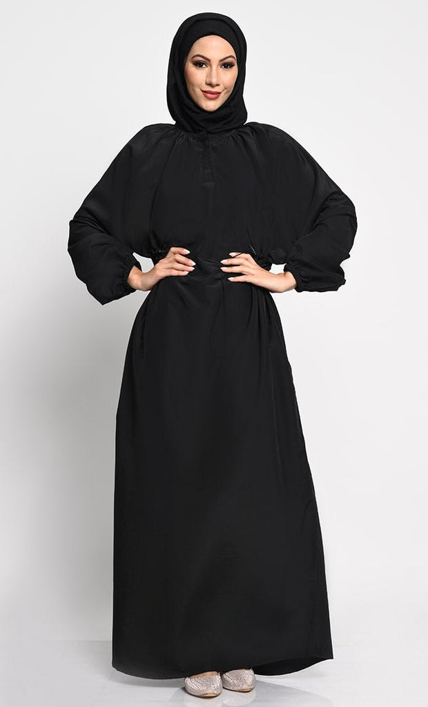 Cotton Jersey A - Line Abaya with Bishop Sleeves and Adjustable Waist - EastEssence.com