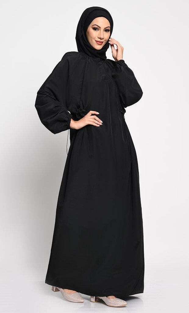 Cotton Jersey A - Line Abaya with Bishop Sleeves and Adjustable Waist - EastEssence.com