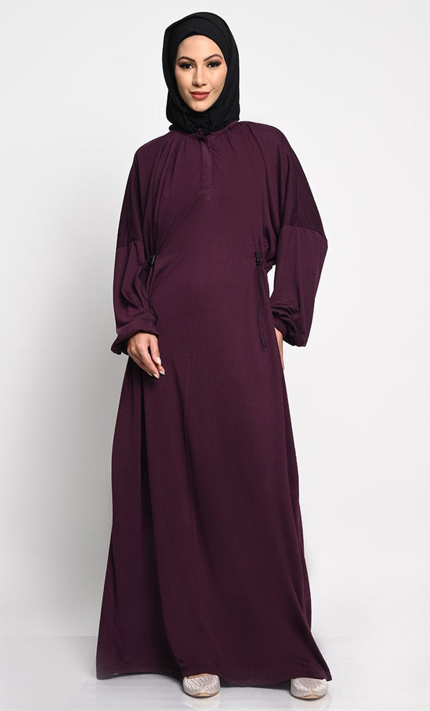 Cotton Jersey A - Line Abaya with Bishop Sleeves and Adjustable Waist - EastEssence.com