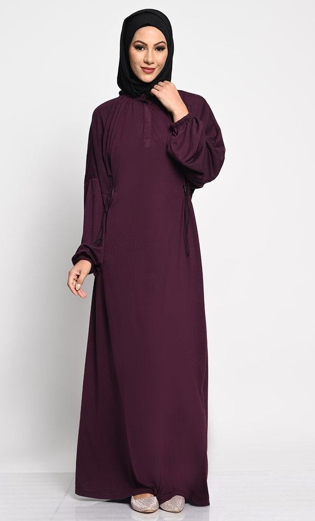 Cotton Jersey A - Line Abaya with Bishop Sleeves and Adjustable Waist - EastEssence.com