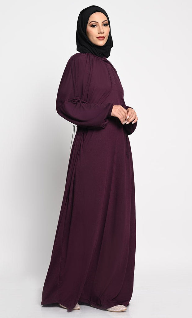 Cotton Jersey A - Line Abaya with Bishop Sleeves and Adjustable Waist - EastEssence.com