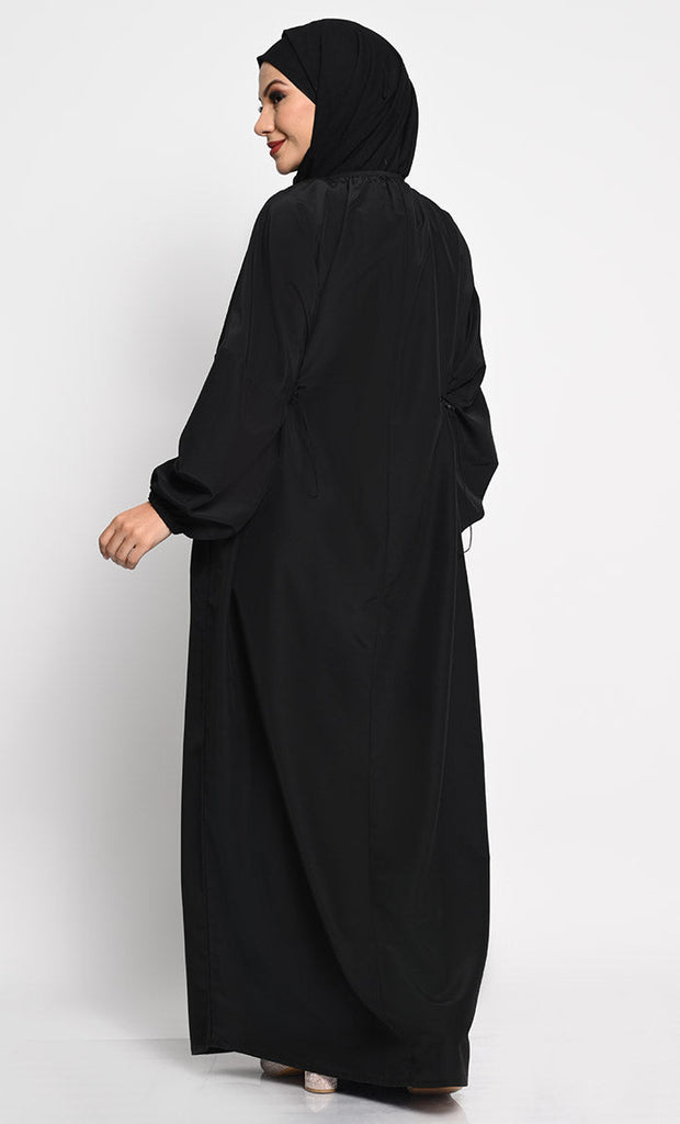 Cotton Jersey A - Line Abaya with Bishop Sleeves and Adjustable Waist - EastEssence.com