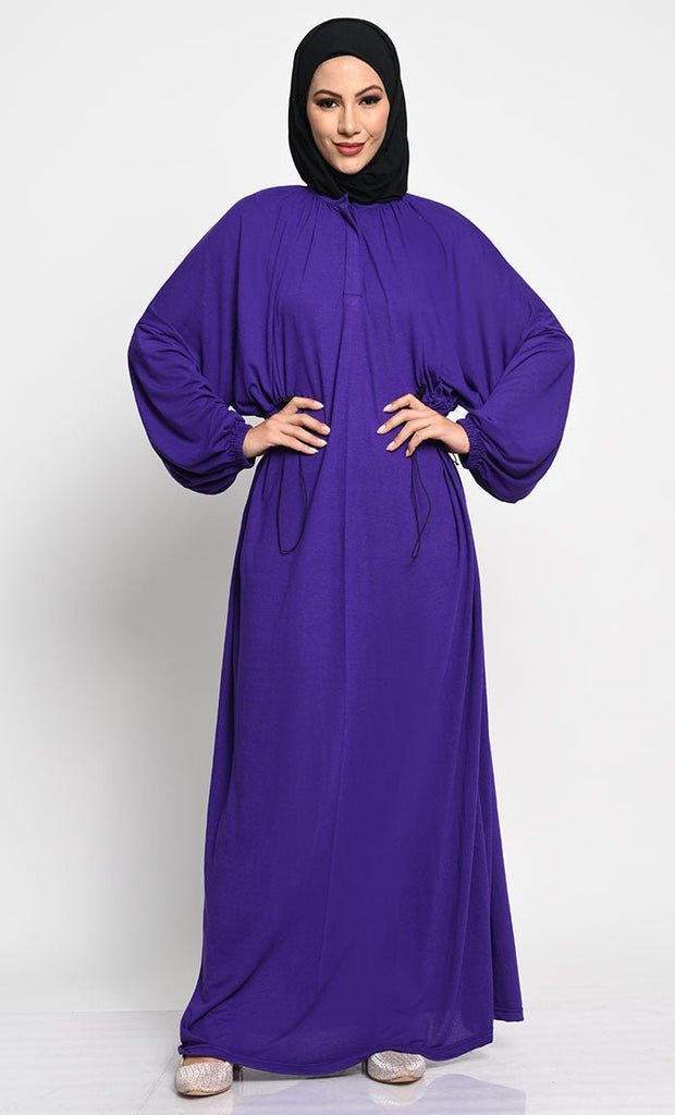 Cotton Jersey A - Line Abaya with Bishop Sleeves and Adjustable Waist - EastEssence.com