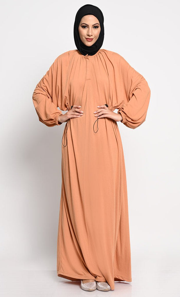 Cotton Jersey A - Line Abaya with Bishop Sleeves and Adjustable Waist - EastEssence.com