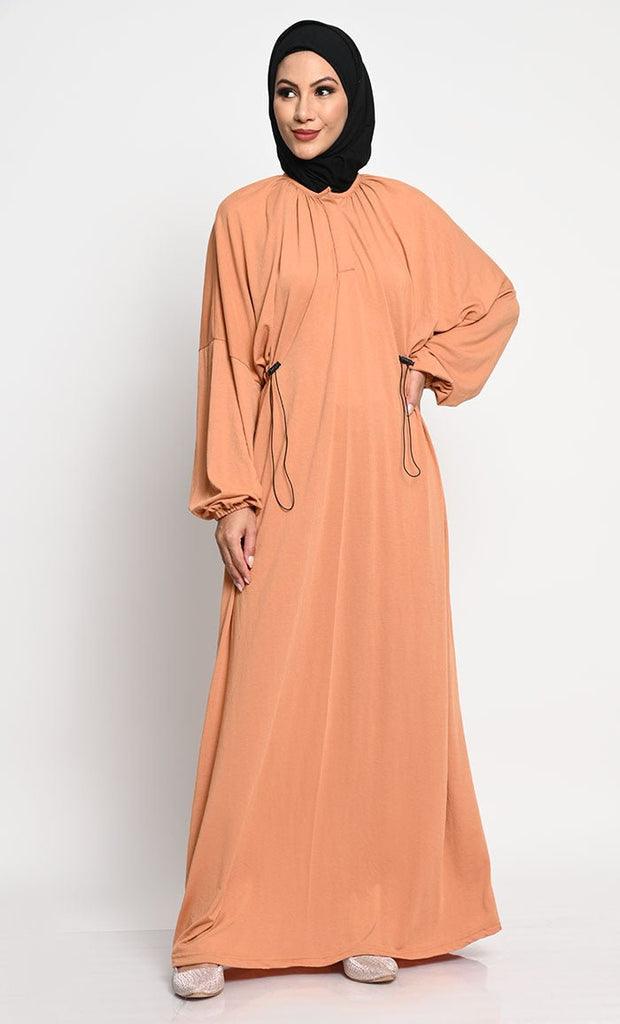 Cotton Jersey A - Line Abaya with Bishop Sleeves and Adjustable Waist - EastEssence.com