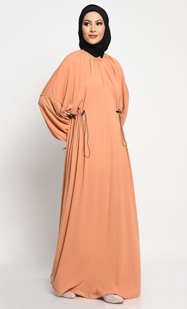 Cotton Jersey A - Line Abaya with Bishop Sleeves and Adjustable Waist - EastEssence.com