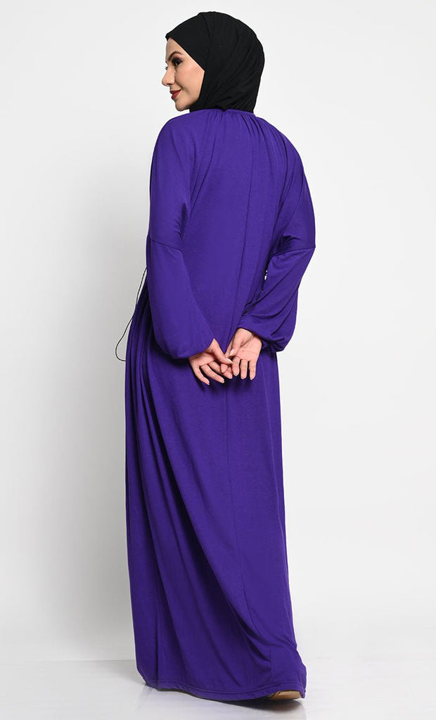 Cotton Jersey A - Line Abaya with Bishop Sleeves and Adjustable Waist - EastEssence.com