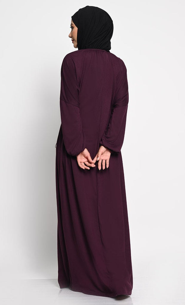 Cotton Jersey A - Line Abaya with Bishop Sleeves and Adjustable Waist - EastEssence.com