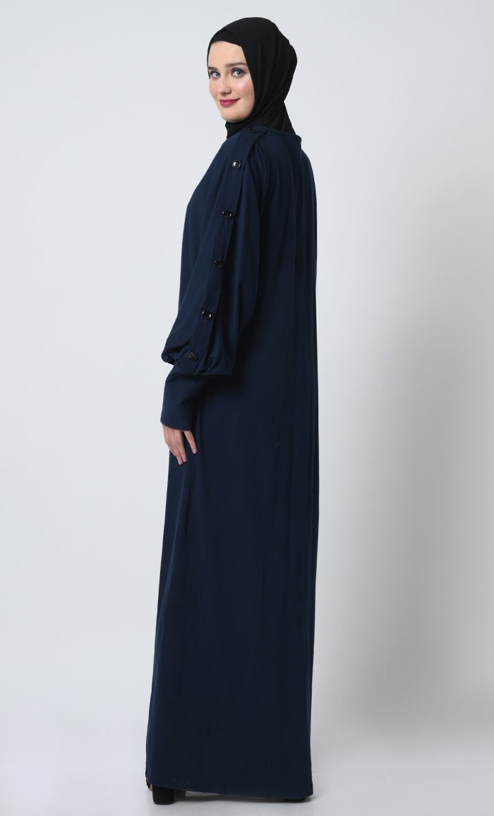Cotton Jersey Abaya ??Decorative Button Sleeves, Batwing Design - EastEssence.com