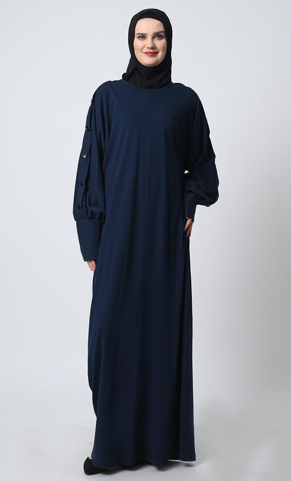 Cotton Jersey Abaya ??Decorative Button Sleeves, Batwing Design - EastEssence.com