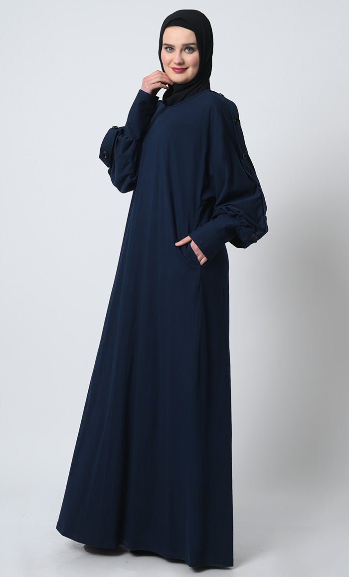Cotton Jersey Abaya ??Decorative Button Sleeves, Batwing Design - EastEssence.com