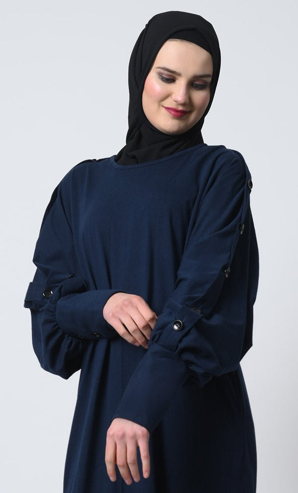 Cotton Jersey Abaya ??Decorative Button Sleeves, Batwing Design - EastEssence.com