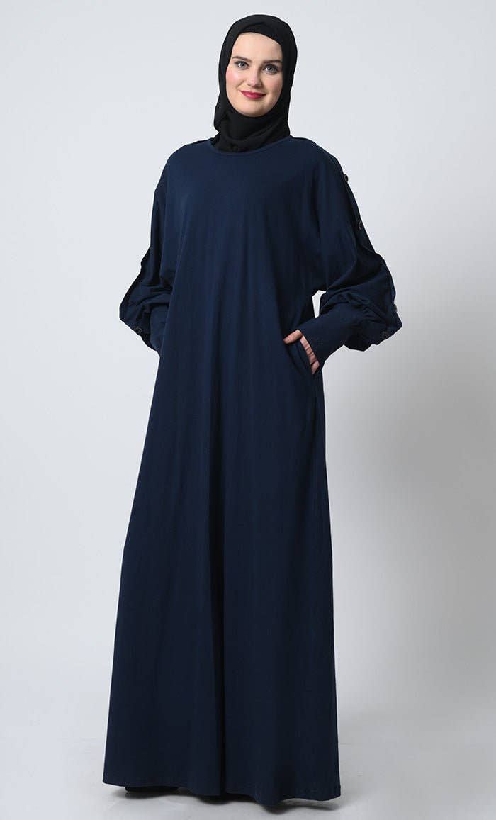 Cotton Jersey Abaya ??Decorative Button Sleeves, Batwing Design - EastEssence.com