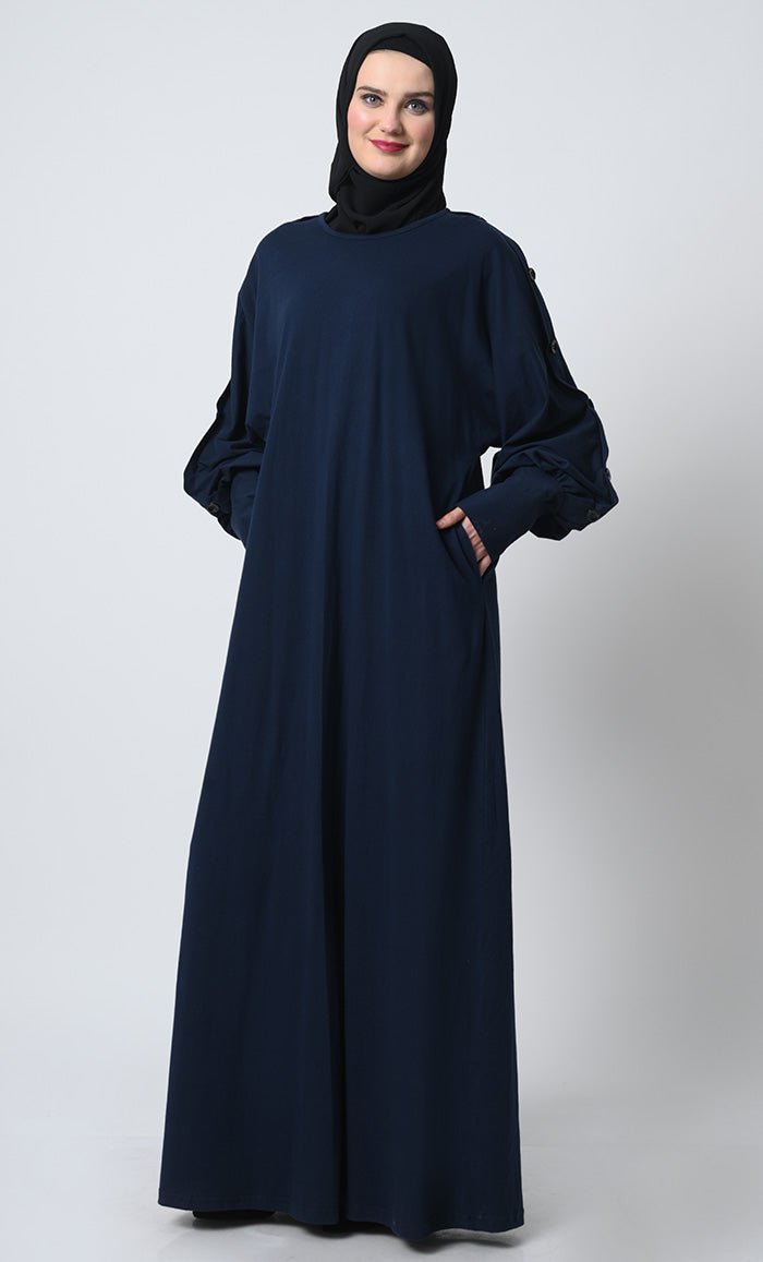 Cotton Jersey Abaya ??Decorative Button Sleeves, Batwing Design - EastEssence.com