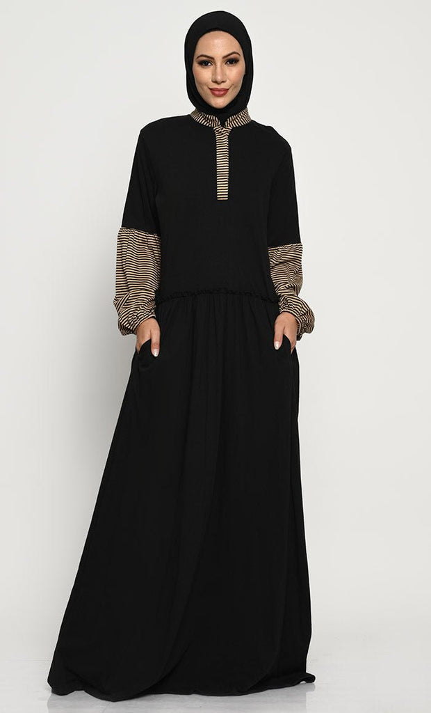 Cotton Jersey Abaya with Bishop Sleeves and Pleated Waist Panel - EastEssence.com