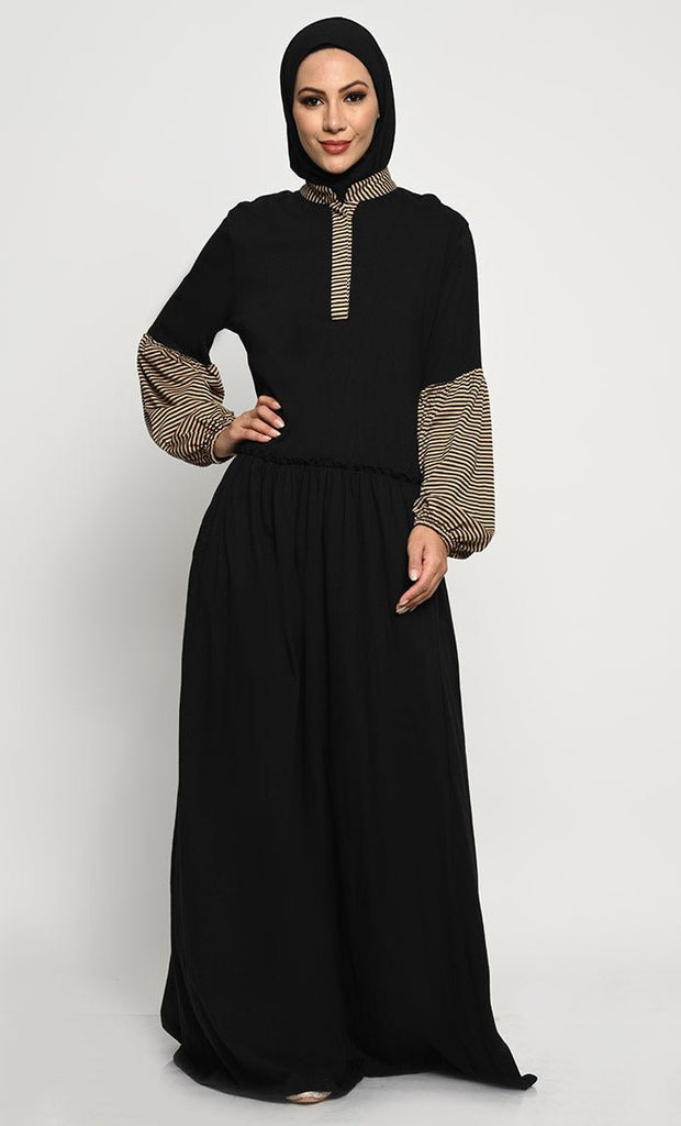 Cotton Jersey Abaya with Bishop Sleeves and Pleated Waist Panel - EastEssence.com