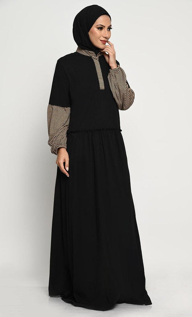 Cotton Jersey Abaya with Bishop Sleeves and Pleated Waist Panel - EastEssence.com