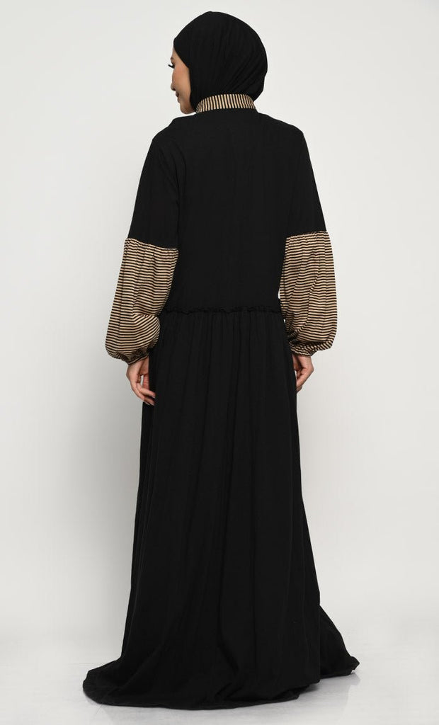 Cotton Jersey Abaya with Bishop Sleeves and Pleated Waist Panel - EastEssence.com