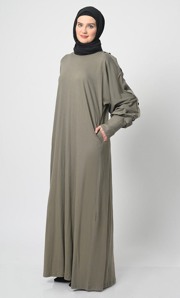 Cotton Jersey Abaya with Decorative Button Detailing - EastEssence.com