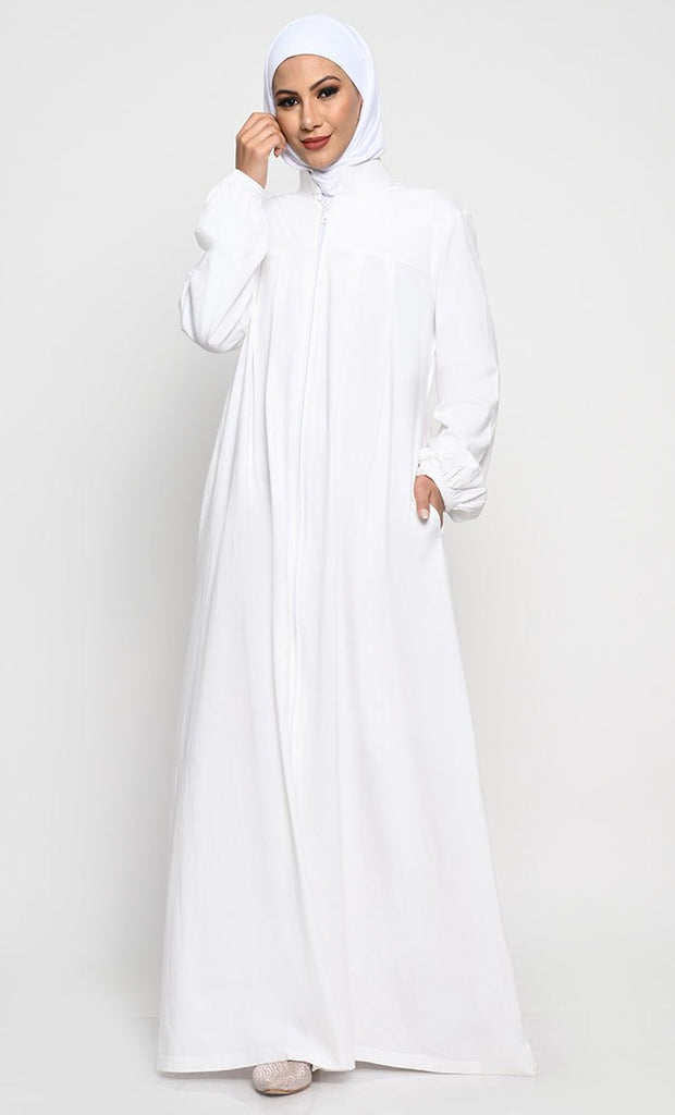 Cotton Jersey Abaya with Mandarin Collar and Full - Length Zipper - EastEssence.com