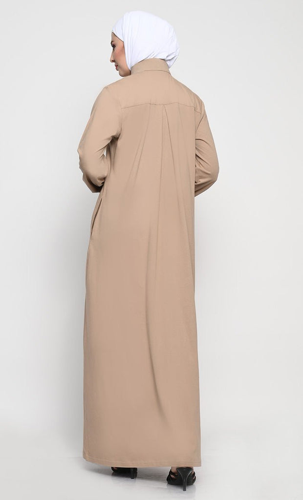 Cotton Jersey Abaya with Mandarin Collar and Full - Length Zipper - EastEssence.com