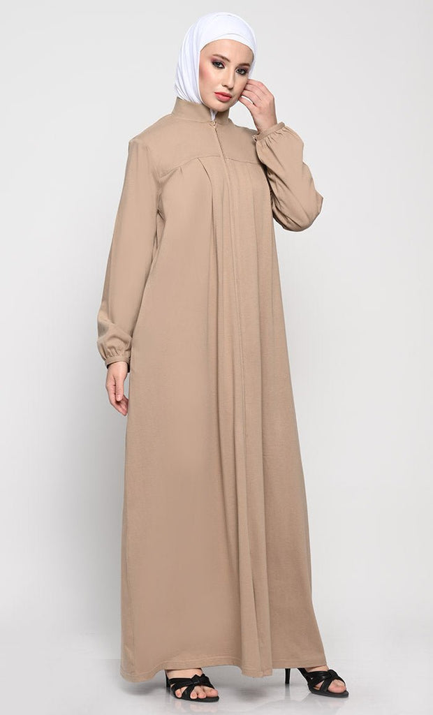 Cotton Jersey Abaya with Mandarin Collar and Full - Length Zipper - EastEssence.com