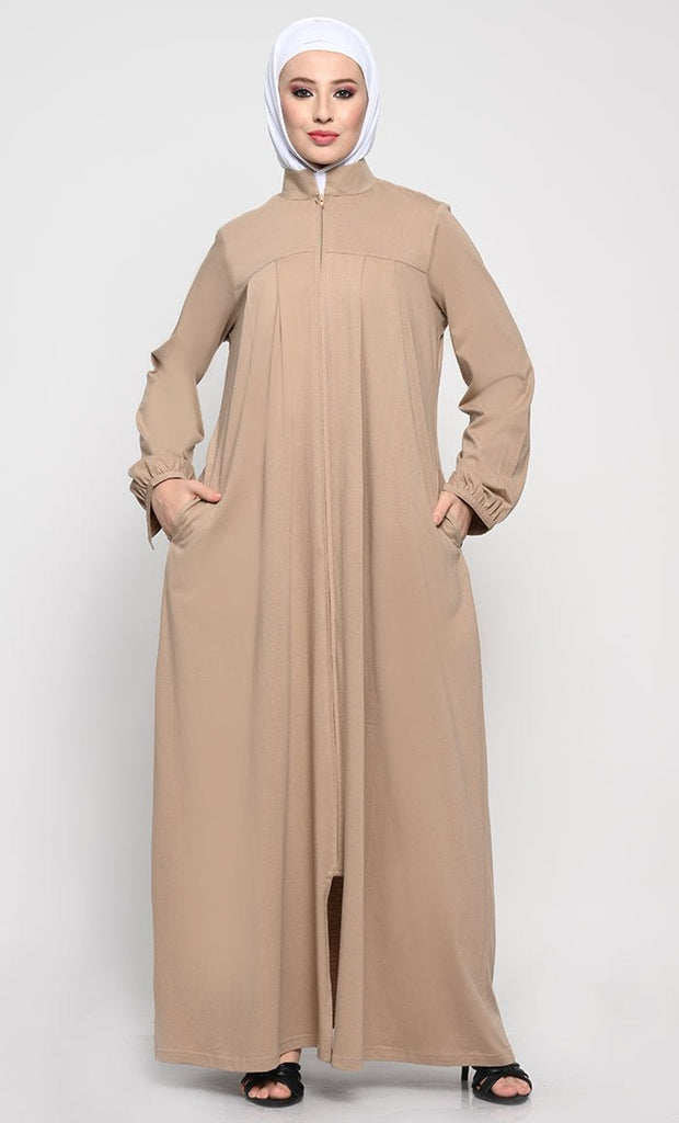 Cotton Jersey Abaya with Mandarin Collar and Full - Length Zipper - EastEssence.com