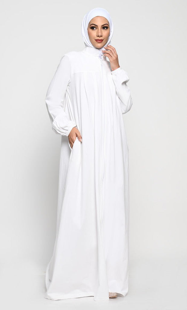 Cotton Jersey Abaya with Mandarin Collar and Full - Length Zipper - EastEssence.com