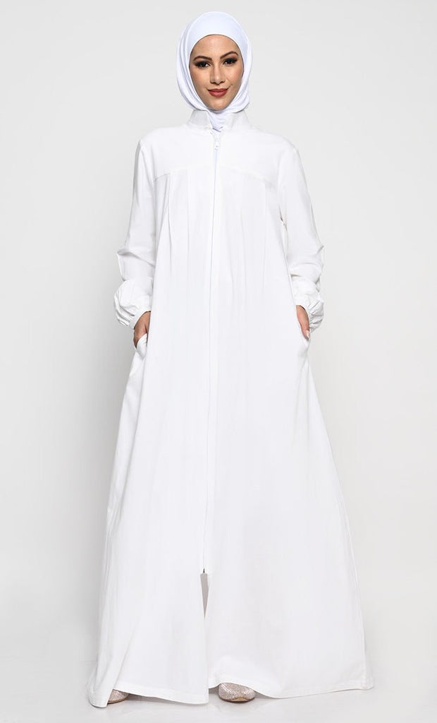 Cotton Jersey Abaya with Mandarin Collar and Full - Length Zipper - EastEssence.com