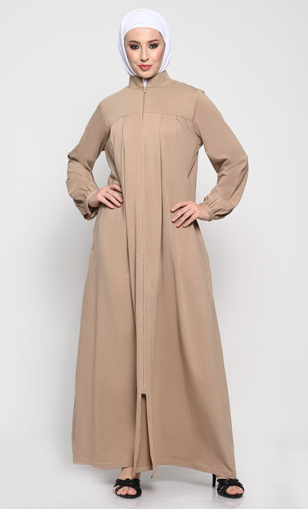 Cotton Jersey Abaya with Mandarin Collar and Full - Length Zipper - EastEssence.com