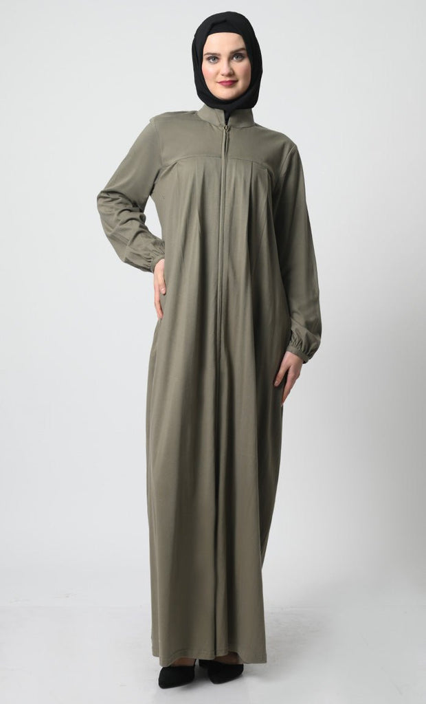 Cotton Jersey Abaya with Pleated Panel and Zipper Opening - EastEssence.com