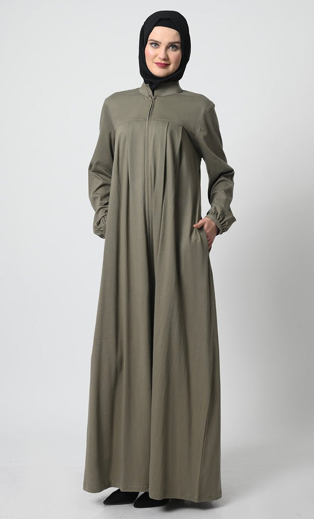 Cotton Jersey Abaya with Pleated Panel and Zipper Opening - EastEssence.com