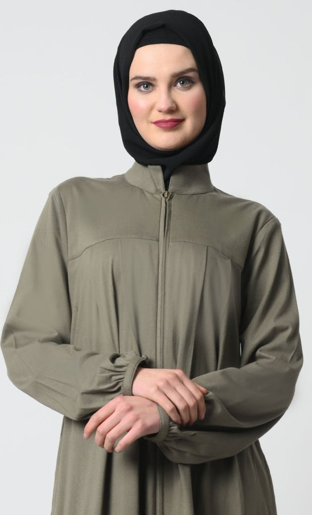 Cotton Jersey Abaya with Pleated Panel and Zipper Opening - EastEssence.com