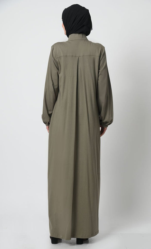 Cotton Jersey Abaya with Pleated Panel and Zipper Opening - EastEssence.com