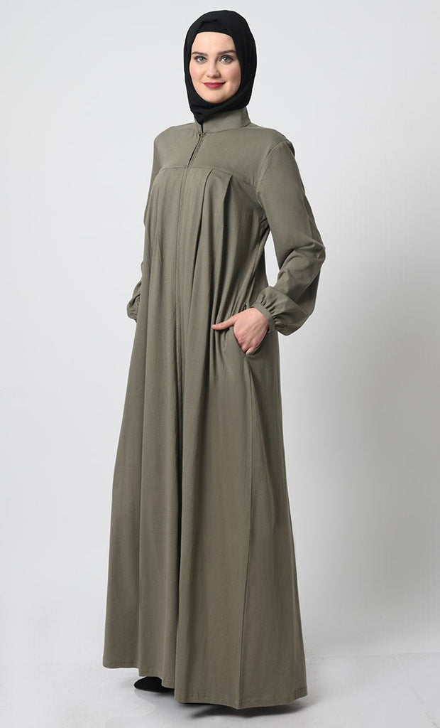 Cotton Jersey Abaya with Pleated Panel and Zipper Opening - EastEssence.com