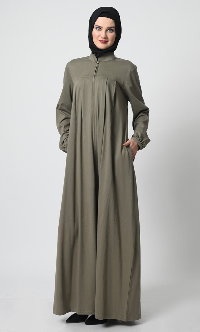 Cotton Jersey Abaya with Pleated Panel and Zipper Opening - Final Sale - EastEssence.com