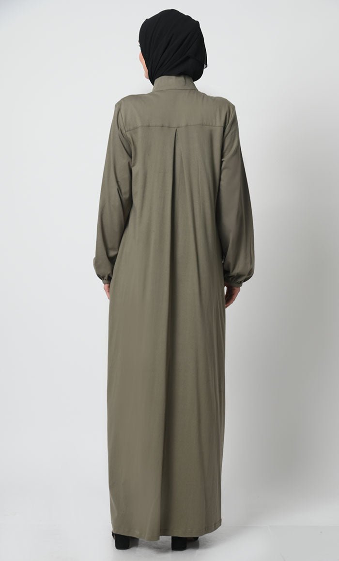 Cotton Jersey Abaya with Pleated Panel and Zipper Opening - Final Sale - EastEssence.com
