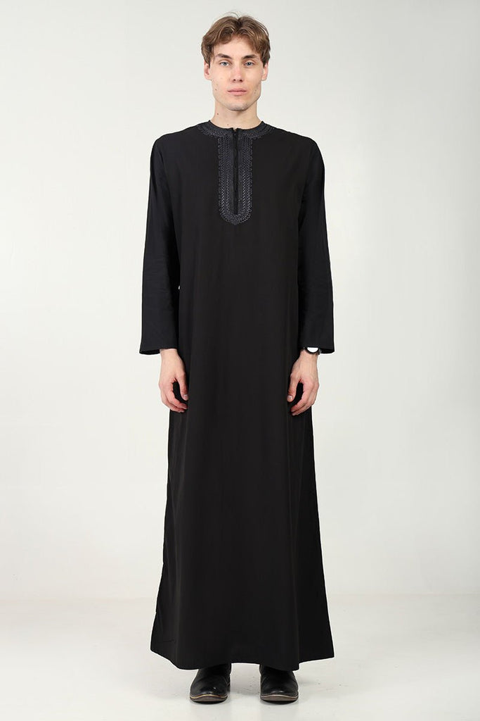 Cotton Poplin Everyday Wear Thobe with Tonal Embroidery & Zipper Neck - Black - EastEssence.com